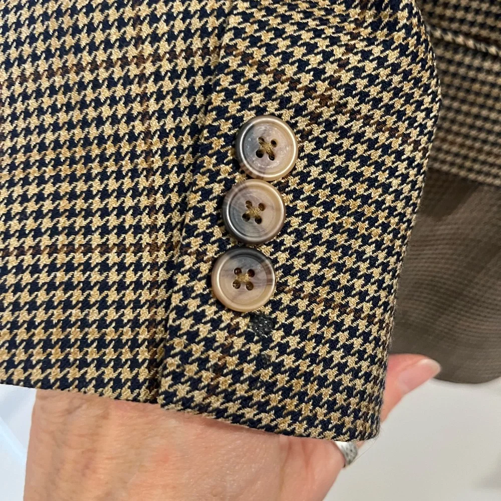 Alan Flusser Worsted Wool Houndstooth Blazer Jacket Sz 46R Tan/ Brown Academia